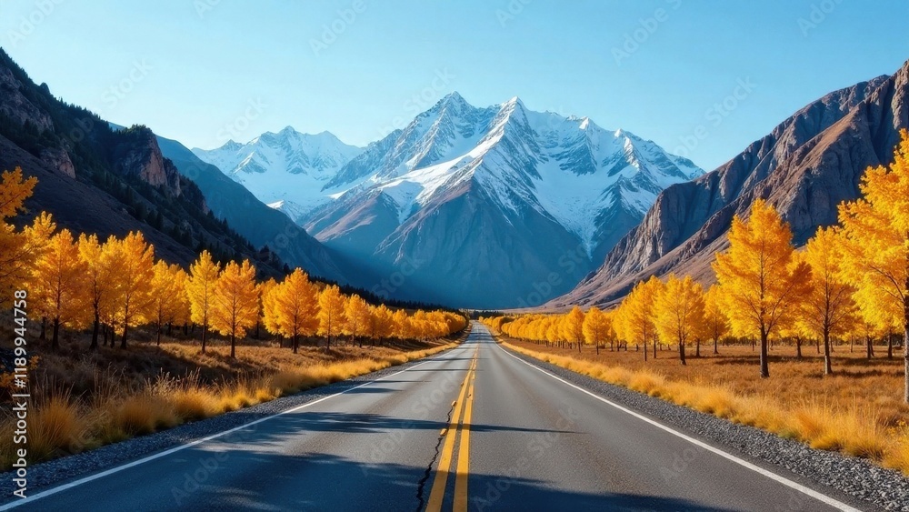 Fototapeta premium Autumnal Road Trip Through Majestic Mountains with Golden Trees