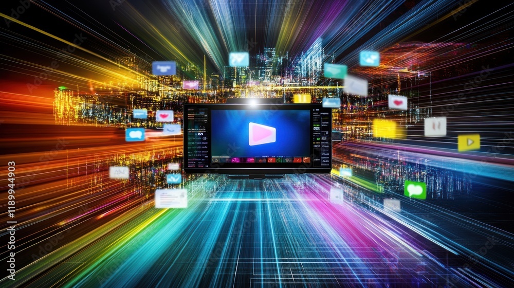 Digital media streaming, fast data, city background, online content Digital media streaming, fast data, city background, online content