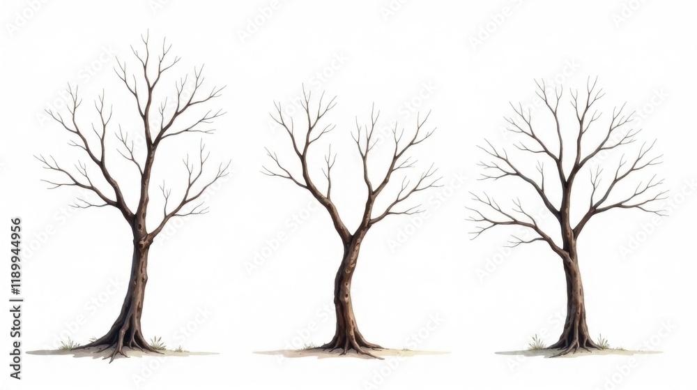 Collection of Three Detailed Winter Trees Without Leaves, Isolated on White Background Collection of Three Detailed Winter Trees Without Leaves, Isolated on White Background