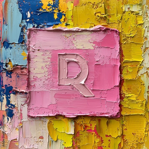 Pink square with letter Q on colorful impasto background. photo