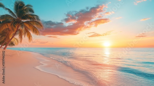Idyllic sunset over tropical beach with palm trees. (2)