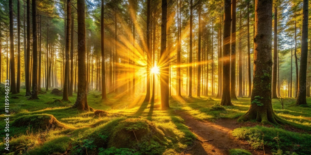 Obraz premium Sunrise Timelapse Photography: Magical Golden Hour Through Forest Trees