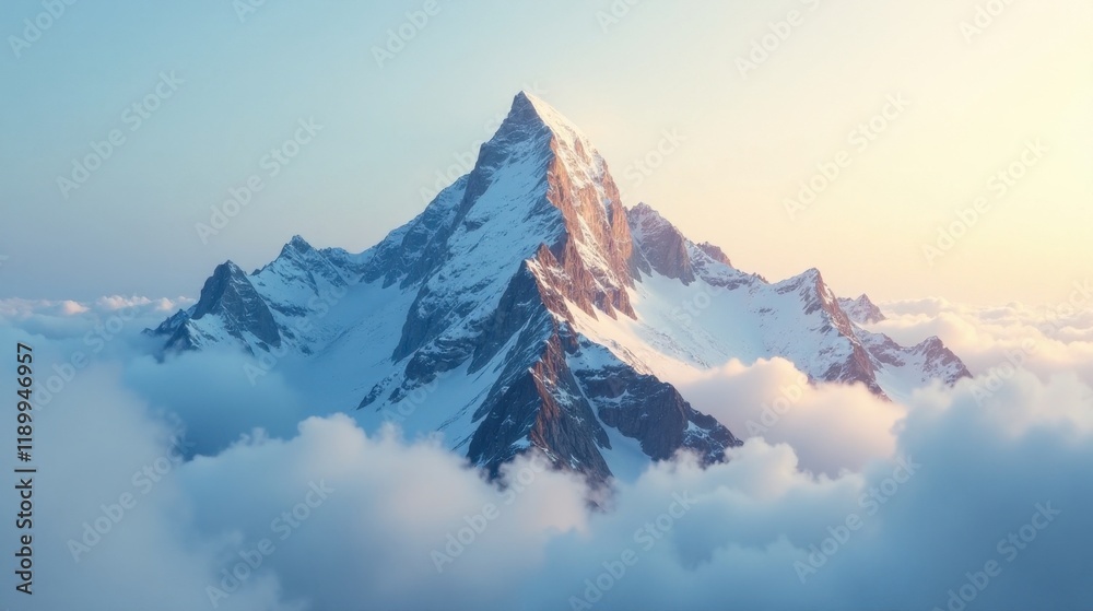 Fototapeta premium Majestic snow-capped peak emerging from a sea of clouds at dawn, a breathtaking panoramic view of serene winter landscape