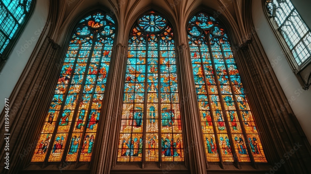 Fototapeta premium Cathedral stained-glass window interior, religious art, architecture, travel