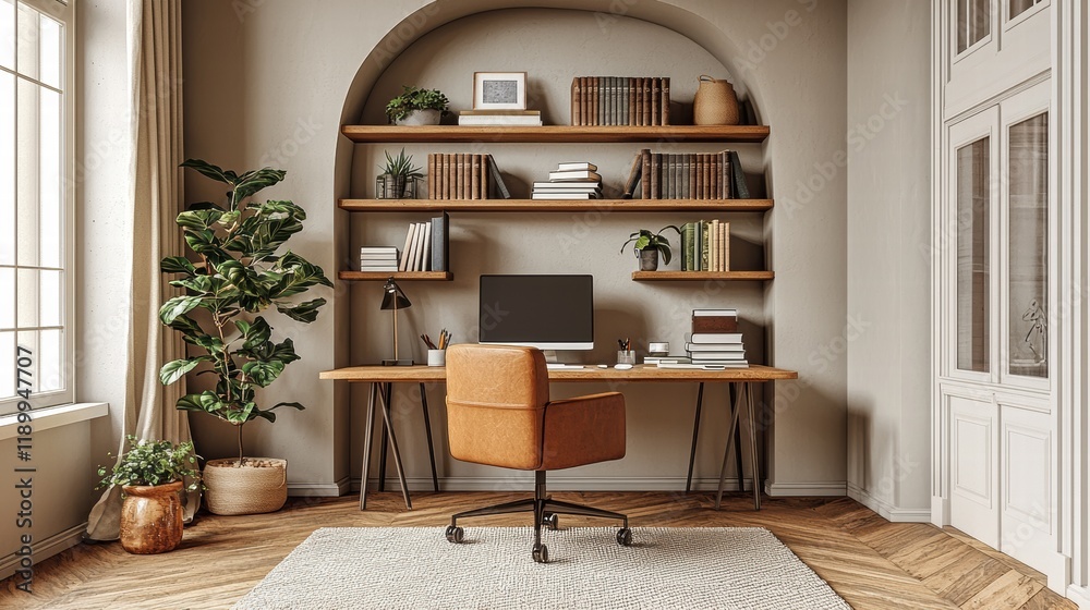 Fototapeta premium A Stylish and Modern Home Office for Virtual Presentations and Online Meetings: Perfect Zoom Background for Professional Engagements