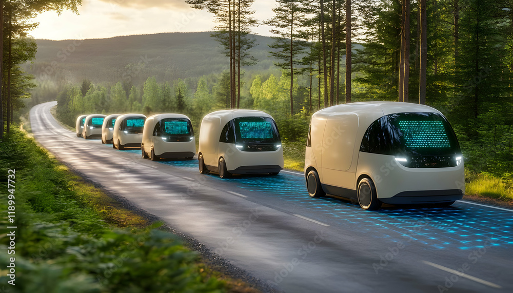 Obraz premium Autonomous delivery vans convoy, forest road, sunset