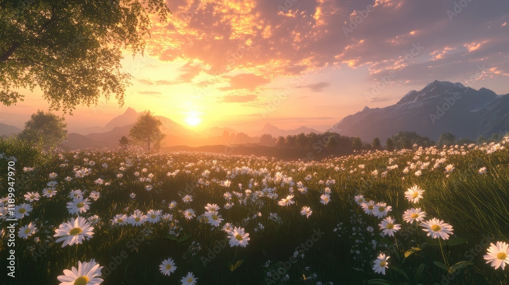 Serene Sunset Over Daisy Field in Majestic Mountain Landscape