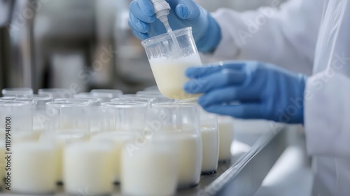 Laboratory Technician Conducting Quality Control in Dairy Production with Samples in Clear Containers and Scientific Equipment in Modern Research Facility