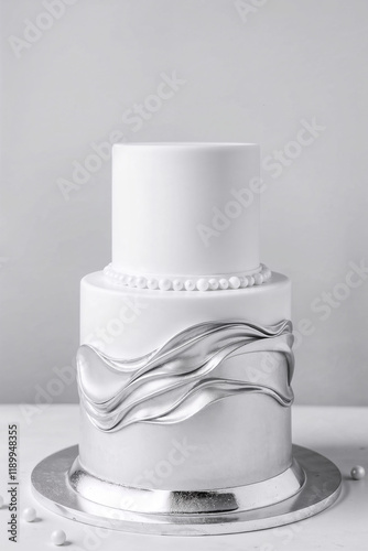 Elegant White and Silver Wedding Cake with Modern Wave Design