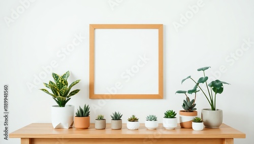 Wooden frame and potted plants on a light wood table