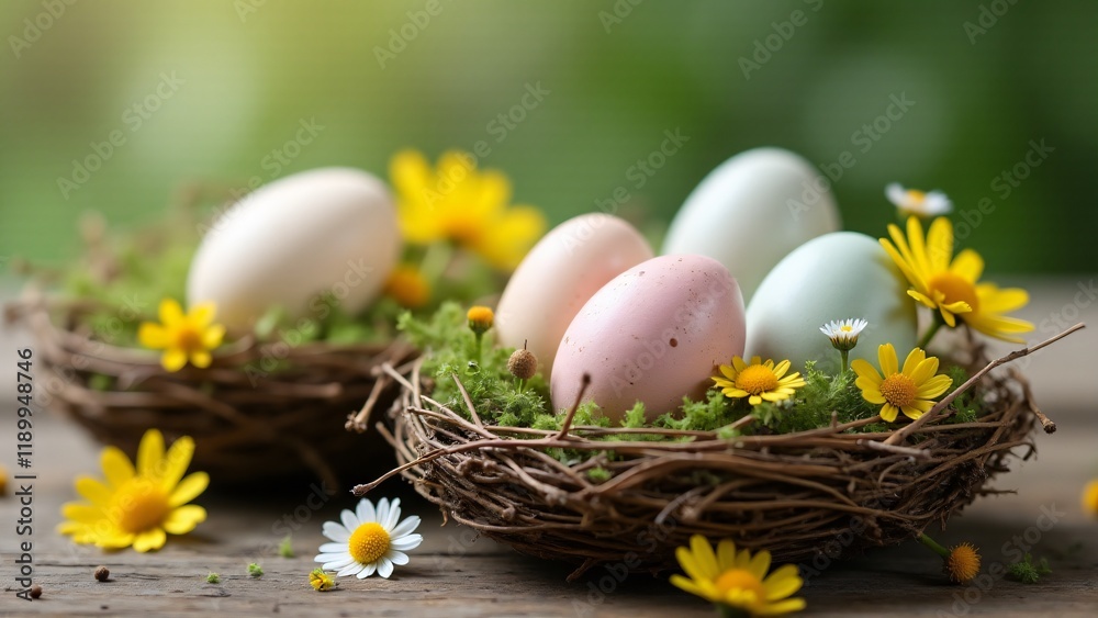 Obraz premium Natural Easter eggs resting in rustic nests made of twigs and moss, surrounded by wildflowers. A serene and earthy design perfect for rustic décor or Easter photography.