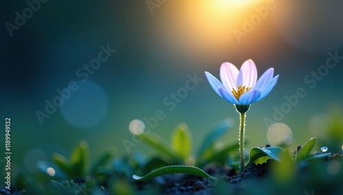 Soft focus of a cloudy moonbeam illuminating a small, pale blue flower, moonbeam, dew