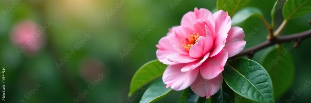 Soft pink camellia flower with glossy leaves on a tree branch, nature, camellias Soft pink camellia flower with glossy leaves on a tree branch, nature, camellias