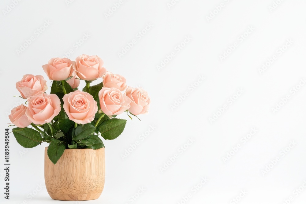 Beautiful Arrangement of Pink Roses in a Wooden Basket for Decoration Beautiful Arrangement of Pink Roses in a Wooden Basket for Decoration