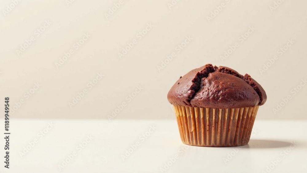 A single delicious chocolate muffin sits on a pristine white surface against a soft, neutral backdrop. This image is perfect for showcasing baked goods, desserts, and sweet treats. A single delicious chocolate muffin sits on a pristine white surface against a soft, neutral backdrop. This image is perfect for showcasing baked goods, desserts, and sweet treats.