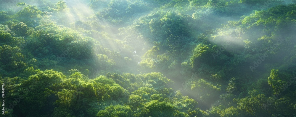 Fototapeta premium Sunlight Filtering Through Lush Forest Canopy, Creating Ethereal Atmosphere