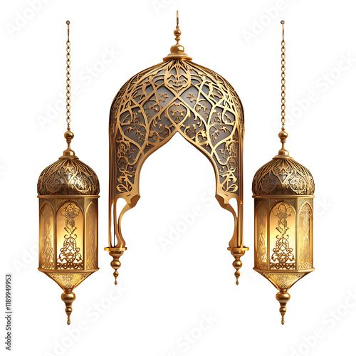 luxurious gold islamic arch ornament with hanging lantern on a transparent background