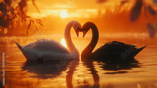 Romantic Scene: Black and White Swans Join Heads to Form a Heart on a Serene Sunset Lake
 photo