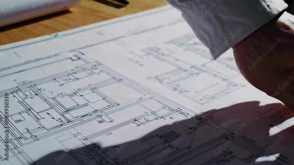 House under construction on blueprints close up. Building project concept