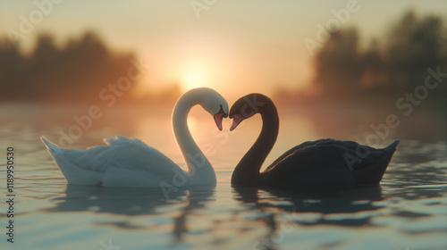 Two Black and White Swans Forming a Heart with Their Heads on a Lake at Sunset: A Symbol of Love
 photo