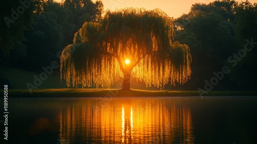 Weeping willow tree silhouetted against a vibrant sunset reflected in calm water.