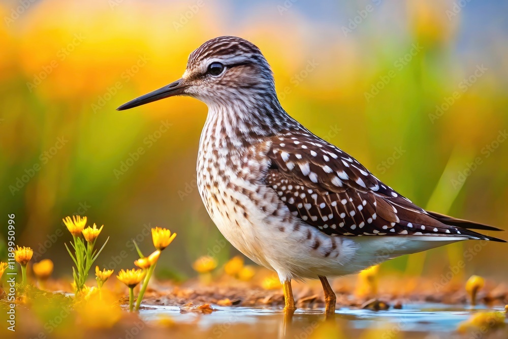 Fototapeta premium Wood Sandpiper Spring Breeding Russia - Candid Wildlife Photography, Tringa glareola Nest, Northern Russia Birds