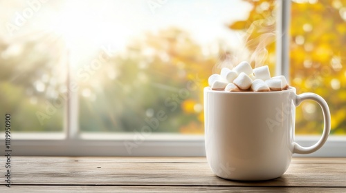 Steaming Mug of Hot Chocolate with Marshmallows Against a Bright Background photo