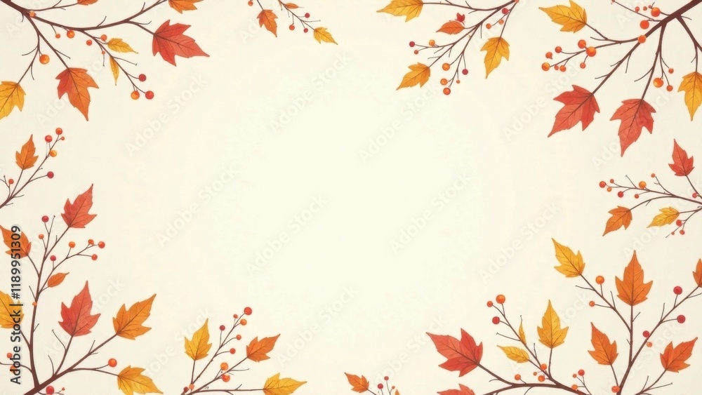 Autumnal Frame with Orange and Yellow Leaves and Berries on Branches Autumnal Frame with Orange and Yellow Leaves and Berries on Branches