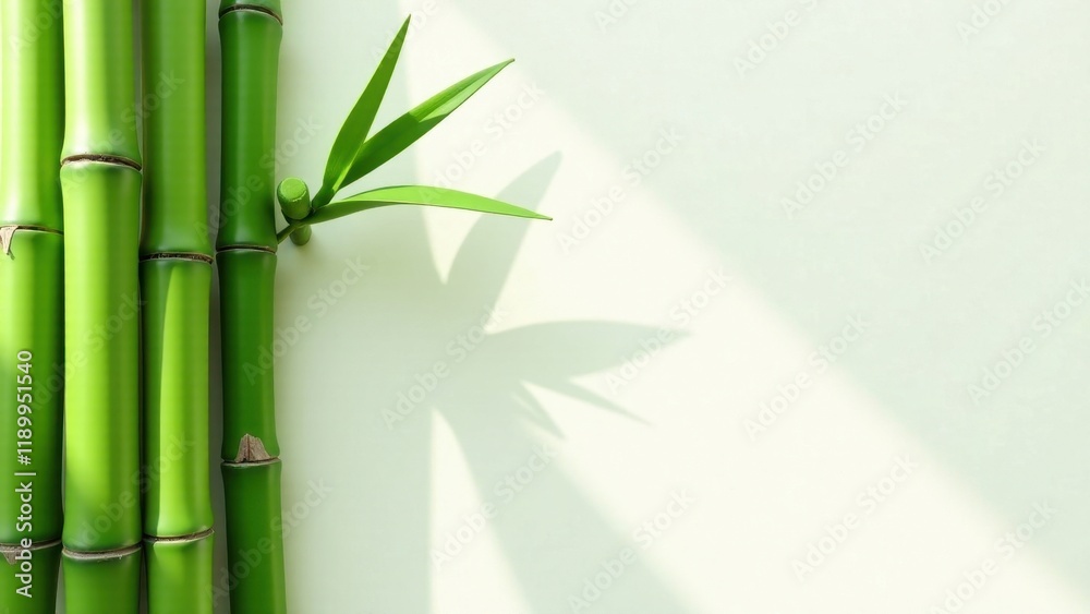 Naklejka premium Serene Green Bamboo Stalks with Delicate Leaf and Shadow Play on a Light Background