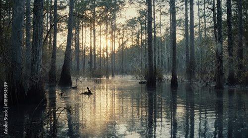 A floodplain overtaken by surging waters, swamps and trees engulfed, and wildlife scrambling for higher ground 