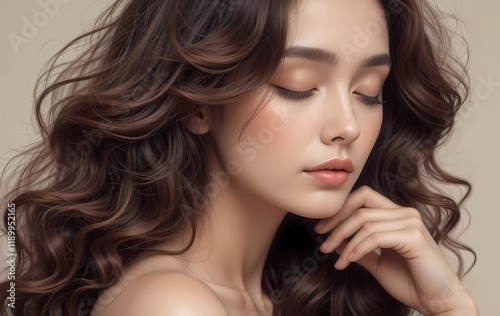 Close-up portrait of a young woman with long, voluminous curly hair cascading down her shoulders, warm lighting enhancing her natural beauty and soft features.