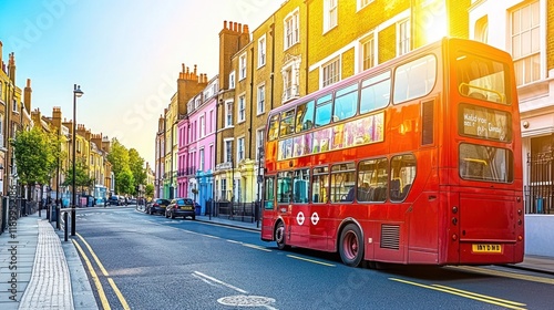 Sunny London street, red bus, colorful houses, travel photo