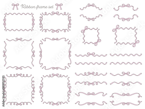 リボンのフレームのベクターイラストセット　線画　りぼん　飾り　ピンク