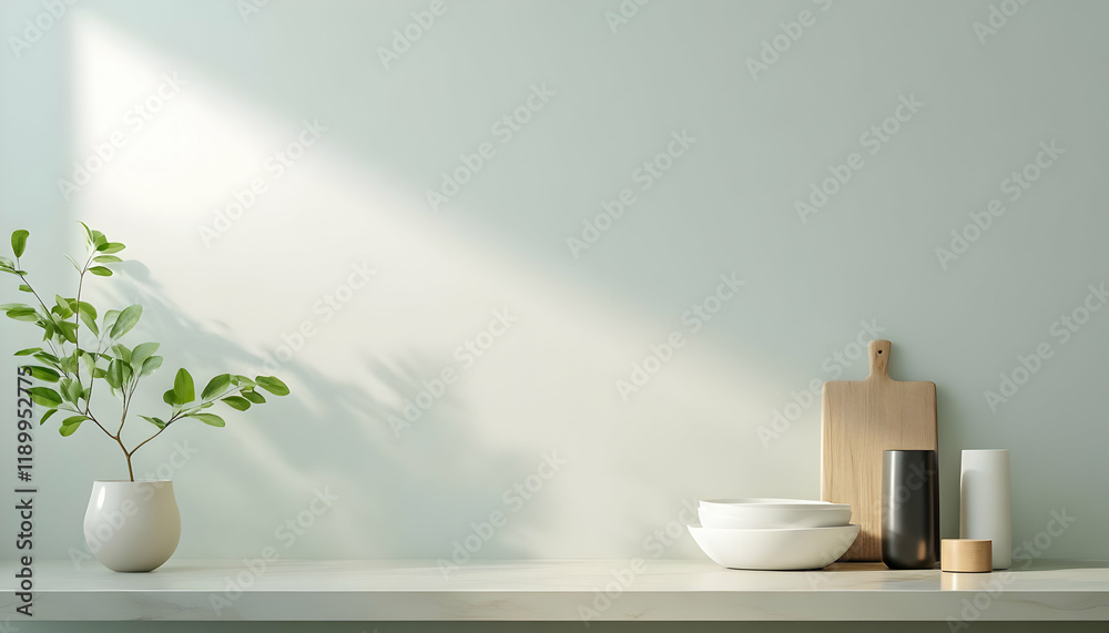 A minimalistic kitchen countertop featuring a plant, bowls, and cutting board under soft natural light. A minimalistic kitchen countertop featuring a plant, bowls, and cutting board under soft natural light.