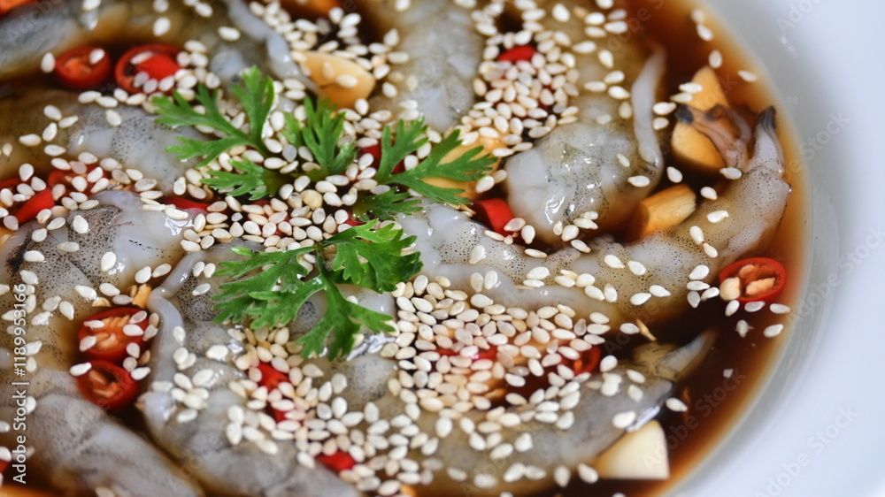 shrimp in soy sauce on white plate, korean style menu shrimp in soy sauce on white plate, korean style menu