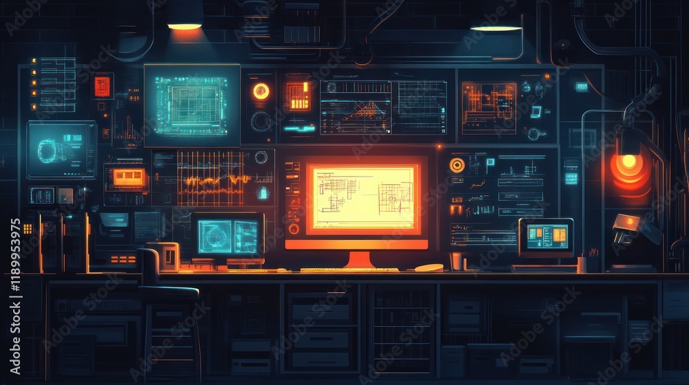 Fototapeta premium Futuristic control room with glowing monitors and tech.
