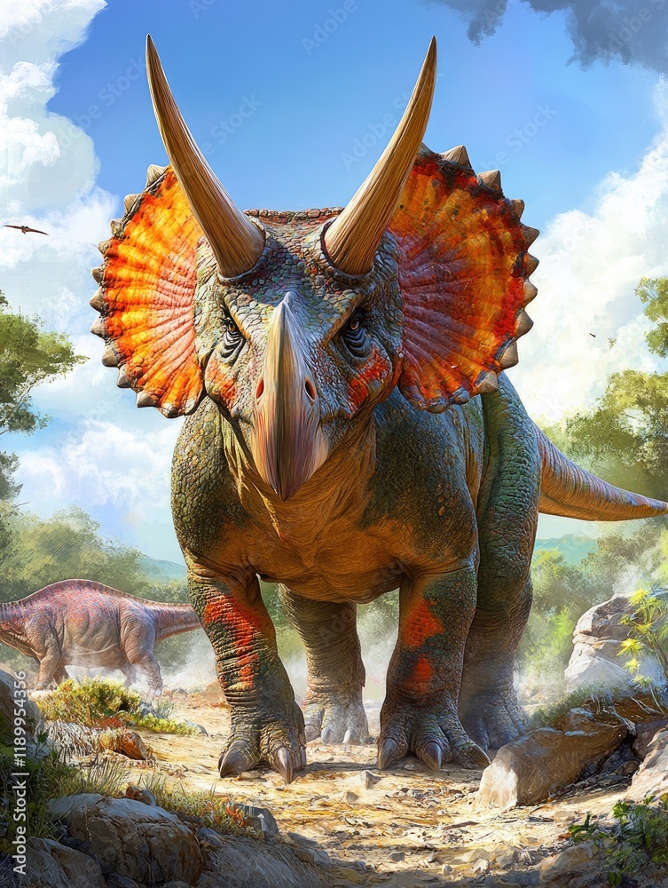 Fototapeta premium Triceratops prehistoric landscape, nature, wildlife, dinosaur