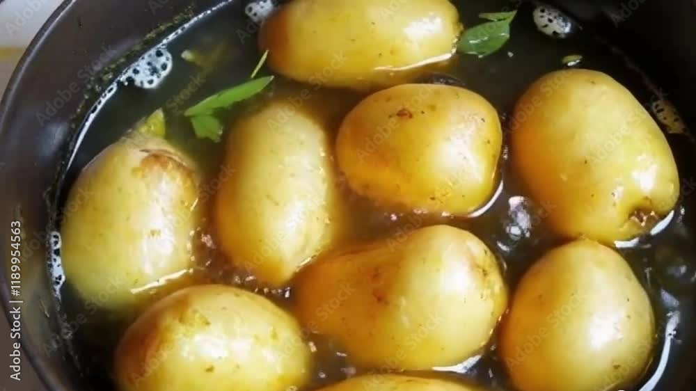 Baby potatoes bob rapidly boiling water