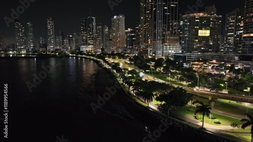 Aerial drone view of Panama City at night.