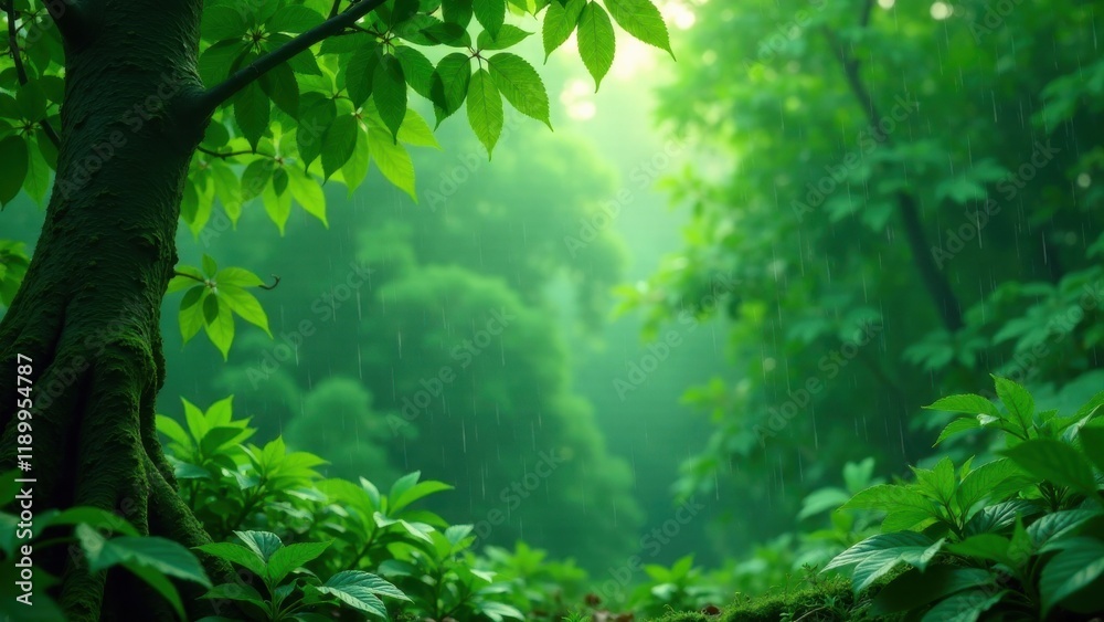 Fototapeta premium Serene Rainforest Scene Lush Greenery Bathed in Gentle Rainfall, Tranquil Atmosphere, Vibrant Foliage, Natural Beauty