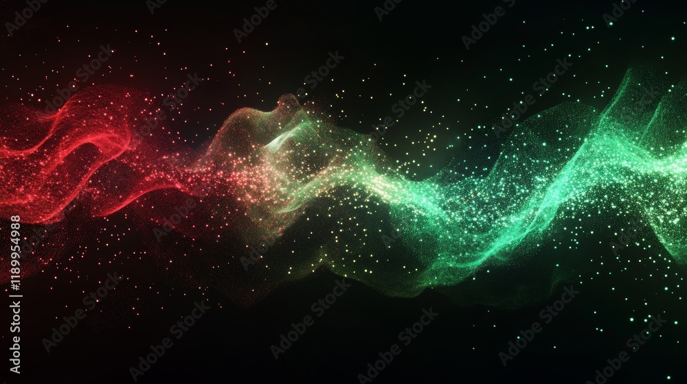Powerful convergence of emerald and scarlet force waves, creating a mesmerizing display of kinetic energy and light. Holographic sparks spiral outward in double helix patterns, while shattered