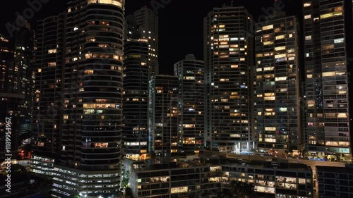 Aerial drone view of Panama City at night.