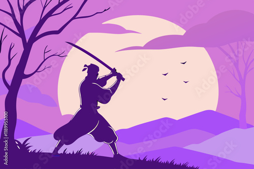 Samurai Silhouette: Purple Sunset Katana Vector Graphic -  High-Resolution Illustration.