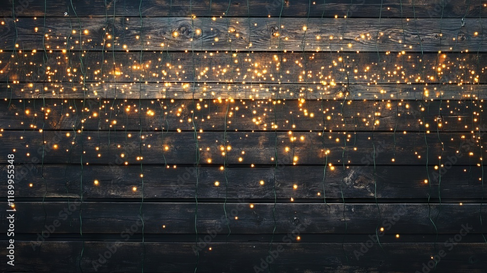 Naklejka premium Intricate arrangement of cascading fairy lights in warm golden tones against charcoal-black reclaimed barn wood, creating a dreamy bokeh effect. The aged wooden surface displays prominent wood grain