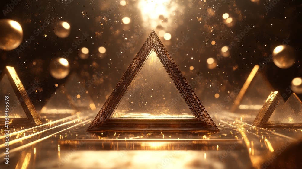 Obraz premium Art deco-inspired triangular platform with geometric gold inlays, floating in a sea of champagne and honey-colored bokeh lights. The pedestal surface features precise faceted edges that catch and
