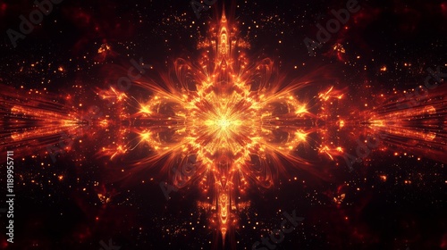 Wallpaper Mural Chrysanthemum-style firework display with cascading streams of red and gold sparks creating perfect symmetrical patterns. Each spark trail features a subtle gradient from bright core to soft tail, Torontodigital.ca