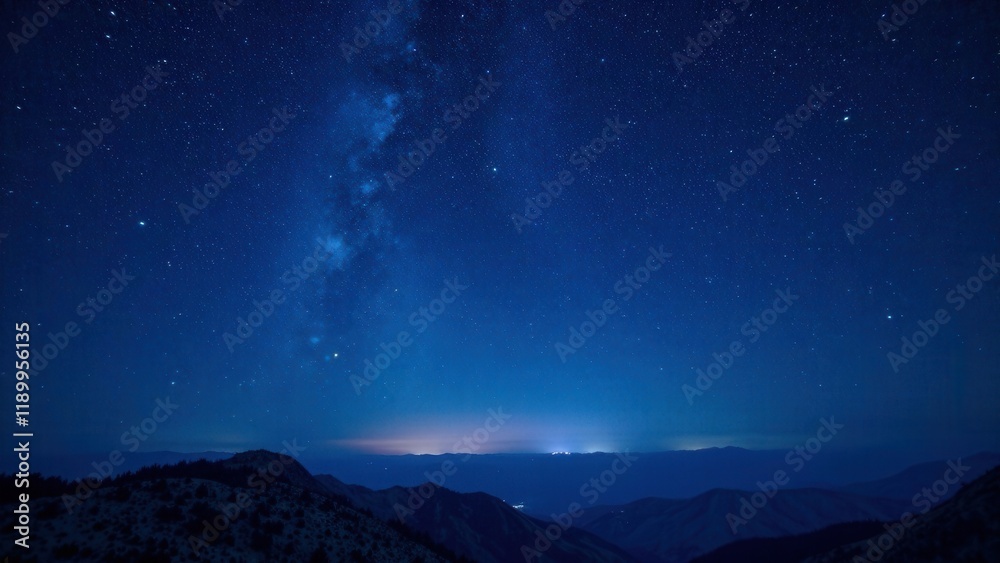 Majestic Night Sky Over Distant Mountain Range, Illuminated by a Myriad of Stars and a Soft Glow on the Horizon Majestic Night Sky Over Distant Mountain Range, Illuminated by a Myriad of Stars and a Soft Glow on the Horizon
