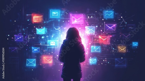 Wallpaper Mural Woman facing glowing email icons. Torontodigital.ca