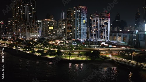 Aerial drone view of Panama City at night.
