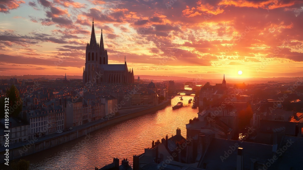 Naklejka premium Sunset over city with cathedral